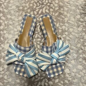 Blue and Cream Gingham Mules with Bow